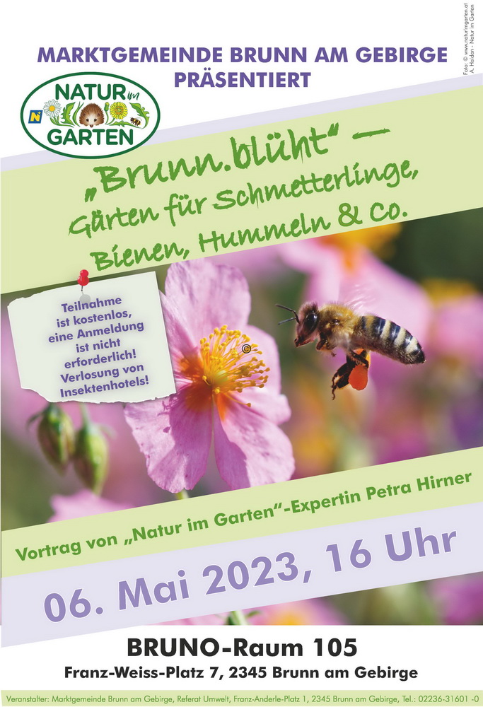 Plakat des Vortrages Gärten für Schmetterlinge Bienen Hummeln Co